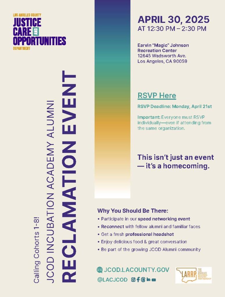 JCOD Incubation Academy Alumni Reclamation Event flyer, April 30, 2025. Networking, headshots, food, and community.