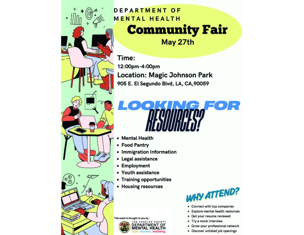 Flyer for the Department of Mental Health Community Fair on May 27th, offering resources and networking opportunities.