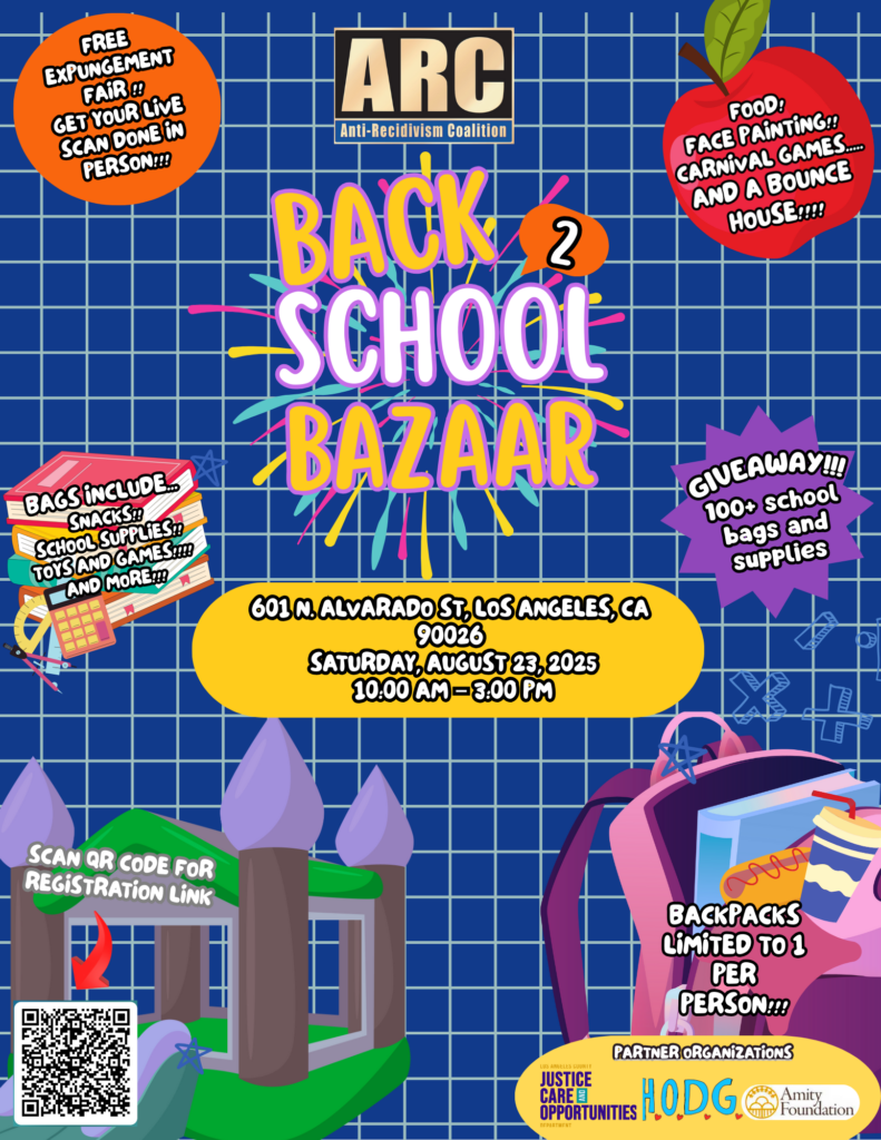 Flyer for the Back 2 School Bazaar, featuring games, food, and free expungement fair.
