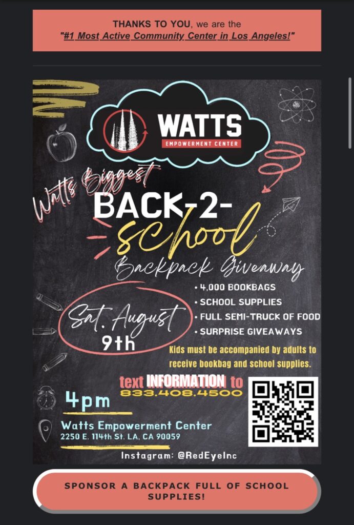 Flyer for Watt's Biggest Back-2-School Backpack Giveaway on August 9th, school supplies, food, and more!
