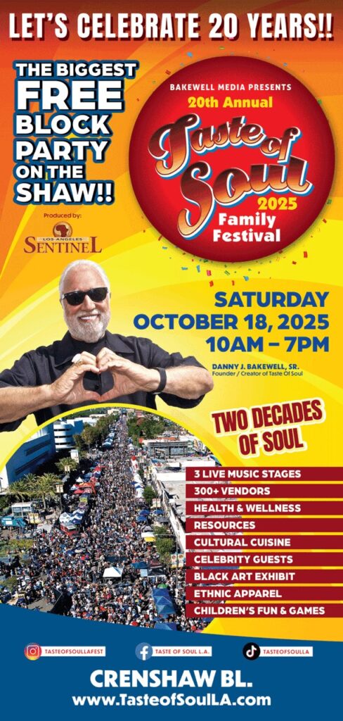 Taste of Soul 2025 poster: Crenshaw block party, vendors, music, food, celebrating 20 years!