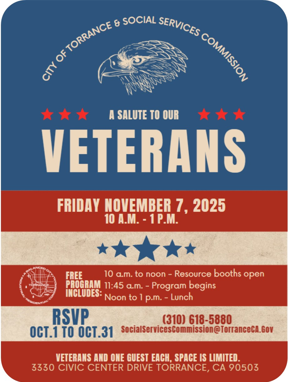 Flyer for a Veterans Appreciation Event hosted by the City of Torrance.