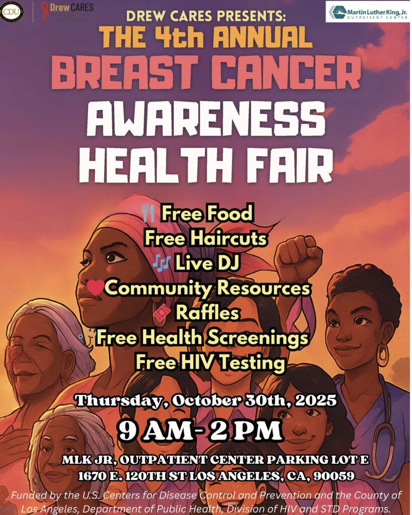 Poster for the 4th Annual Breast Cancer Awareness Health Fair, featuring free food, haircuts, and health screenings.