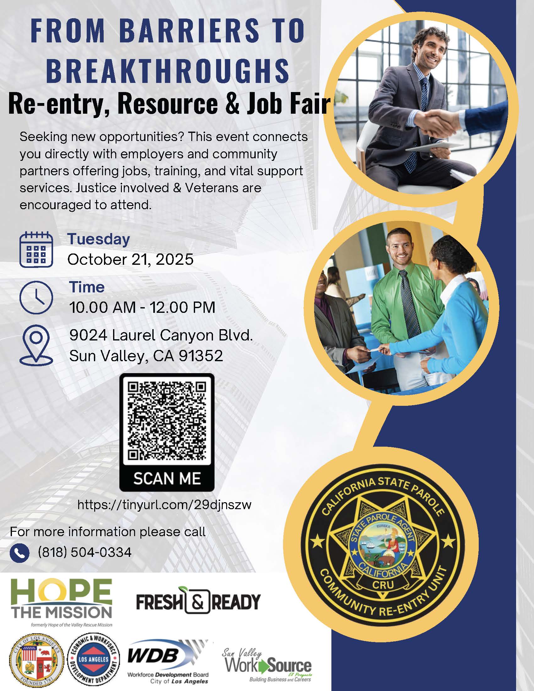 Re-entry Resource & Job Fair flyer promoting opportunities for justice-involved individuals and veterans. Text: "From Barriers to Breakthroughs.