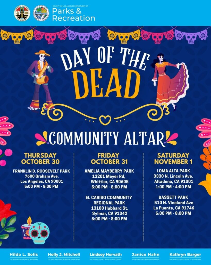 Day of the Dead community altar event flyer for Los Angeles County Parks & Recreation.