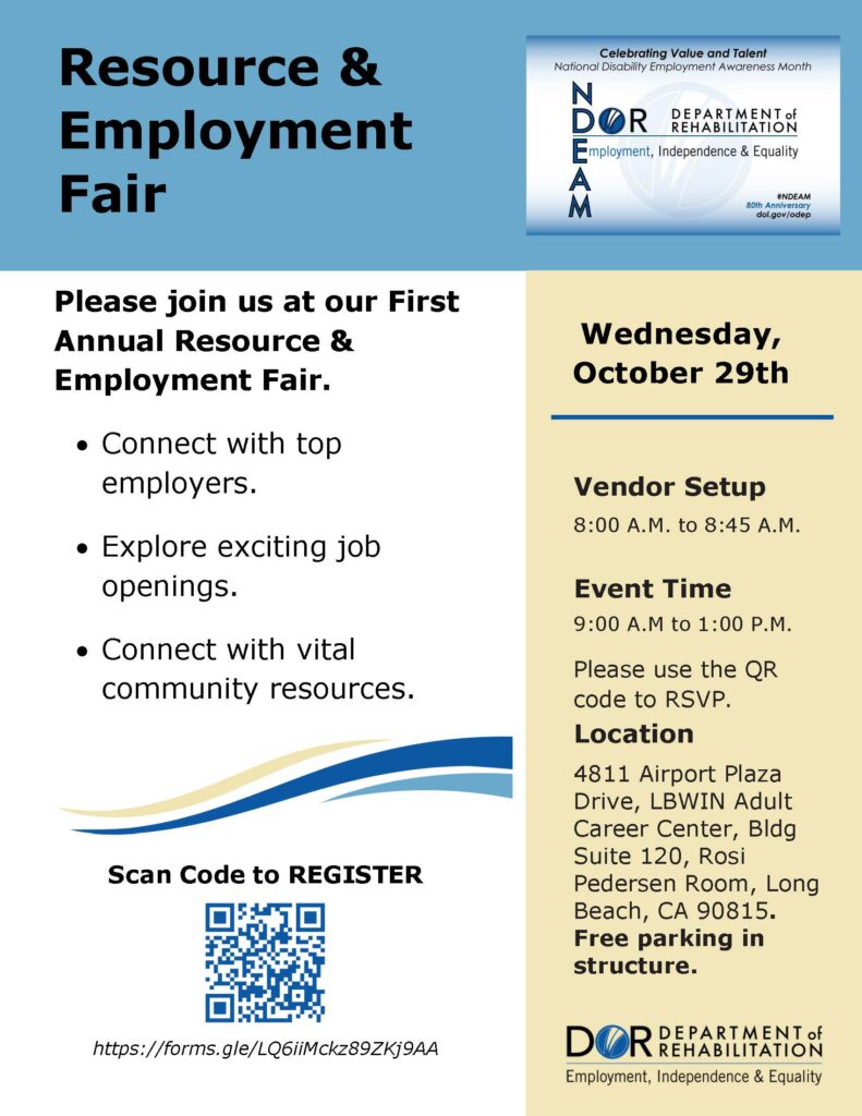 Resource & Employment Fair flyer. Text includes event details, date (October 29th), location, and QR code for registration.