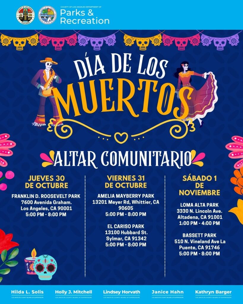 Day of the Dead event poster with colorful sugar skulls and details for community altars in Los Angeles parks.