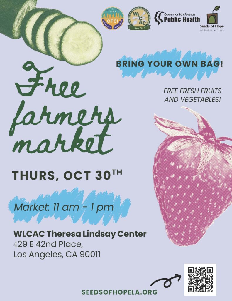 Flyer for a free farmers market with cucumbers, strawberries, event details, and Seeds of Hope logo.