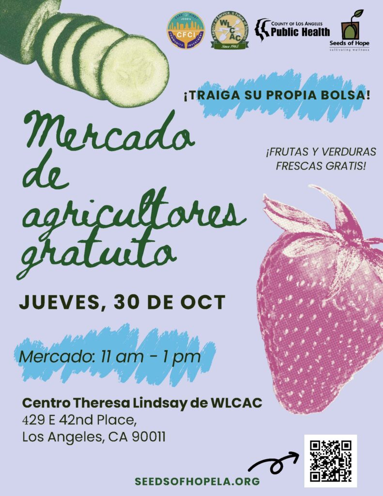 Free farmers market flyer with fresh produce: cucumbers, strawberries. Text: "Mercado de agricultores gratuito.