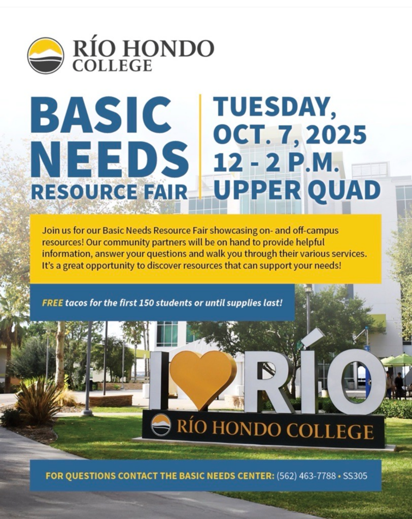 Rio Hondo College Basic Needs Resource Fair poster. Text includes "Oct 7, 2025" and "Free Tacos.