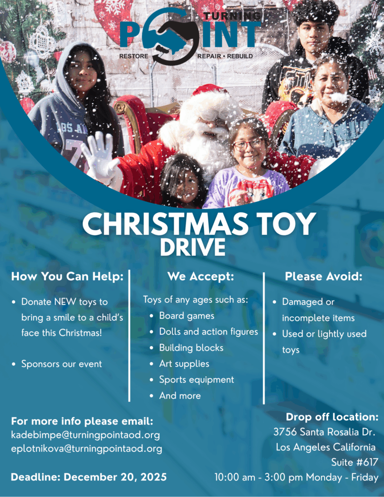 Christmas Toy Drive flyer featuring Santa with children and details for donating new toys.