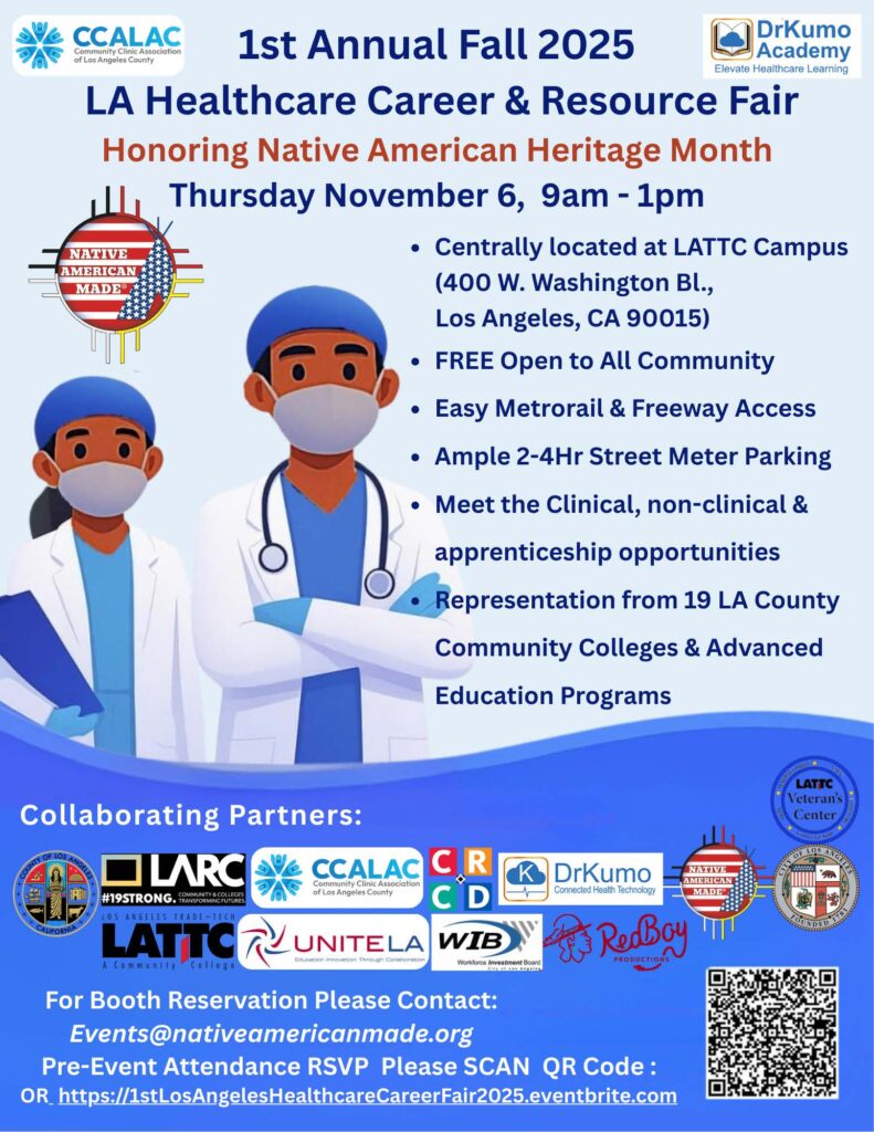 LA Healthcare Career & Resource Fair flyer, Fall 2025. Honoring Native American Heritage Month. DrKumo Academy logo.