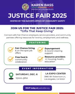 Justice Fair 2025 flyer: Fair Chance hiring, expungement support, free food, and resource providers. RSVP at justicefair.org.