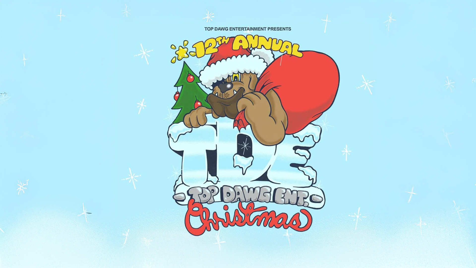 TDE 12th Annual Christmas Toy Drive image with cartoon dog wearing Santa hat and holding a gift bag.