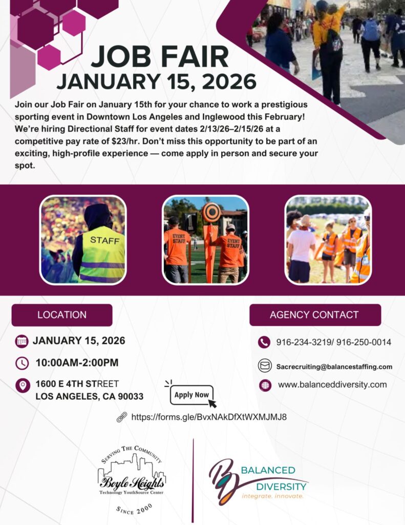 Job fair advertisement: Directional staff needed for February sporting event in Los Angeles and Inglewood.
