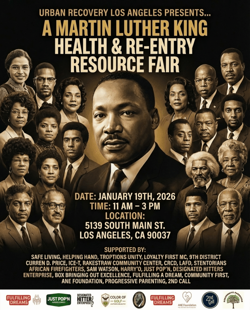 MLK Health & Re-entry Resource Fair poster, featuring Martin Luther King Jr. and event details.
