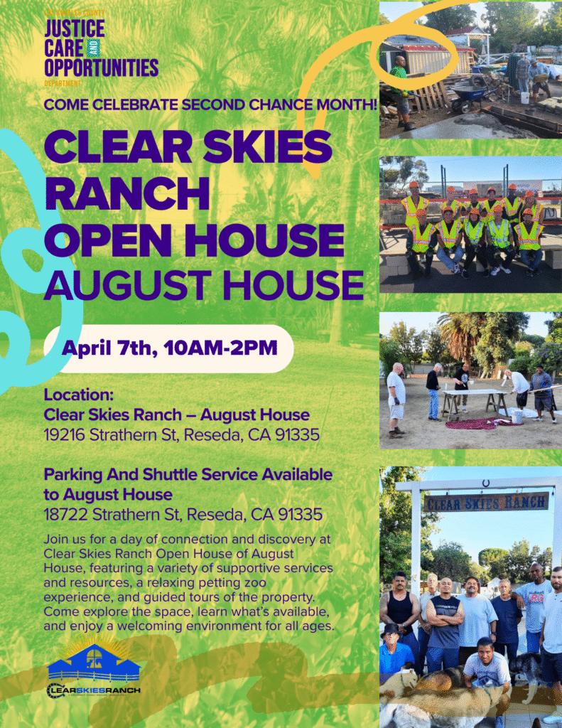Clear Skies Ranch Open House event poster. April 7th, 10AM-2PM. Second Chance Month event.