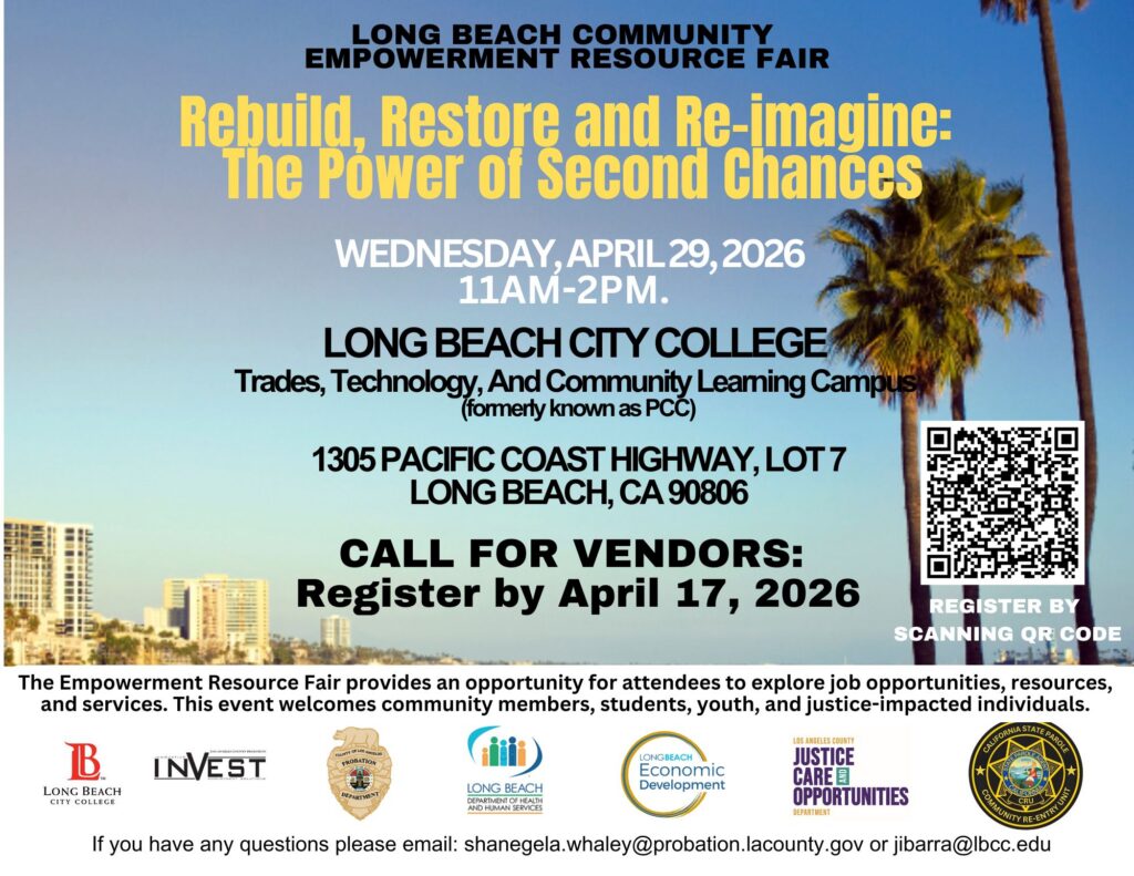 Long Beach Community Empowerment Resource Fair poster: Rebuild, Restore, Reimagine. Includes event info and QR code.
