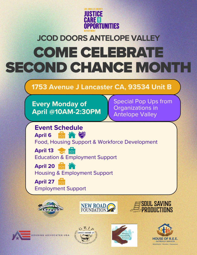 Flyer for JCOD DOORS Antelope Valley's Second Chance Month event, with dates and community partners listed.