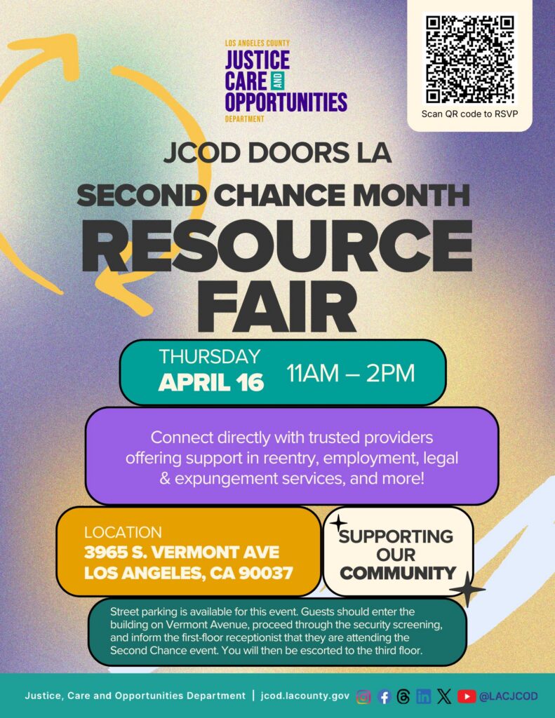 Flyer for JCOD DOORS LA Second Chance Month Resource Fair, April 16, 11AM-2PM. Location: 3965 S. Vermont Ave, Los Angeles.