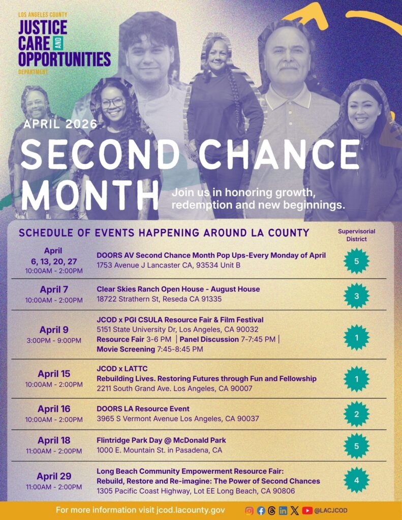 Second Chance Month in LA County events schedule for April 2026. Honoring growth and redemption.