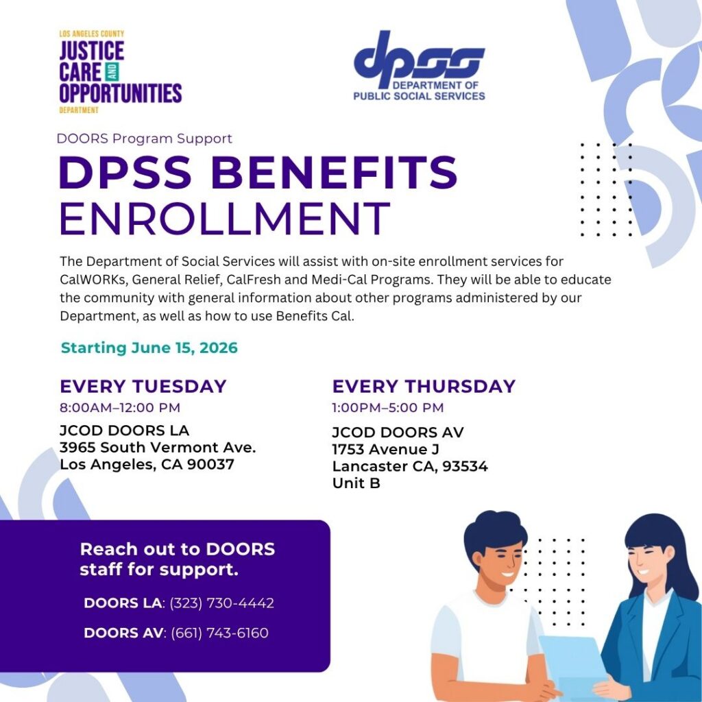 DPSS Benefits Enrollment flyer for DOORS LA: Tuesdays 8am-12pm, Thursdays 1pm-5pm.