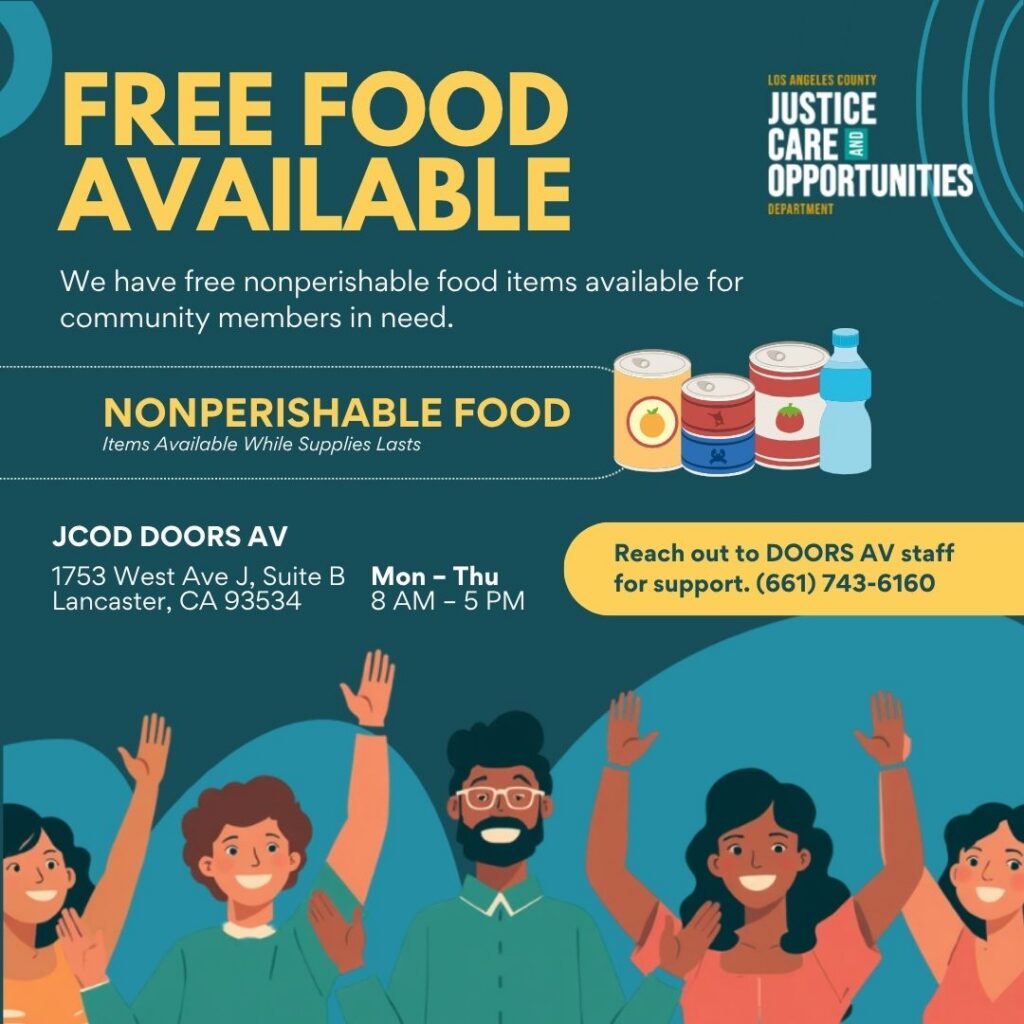 Free food available at JCOD Doors AV, Lancaster CA. Nonperishable food items for those in need.