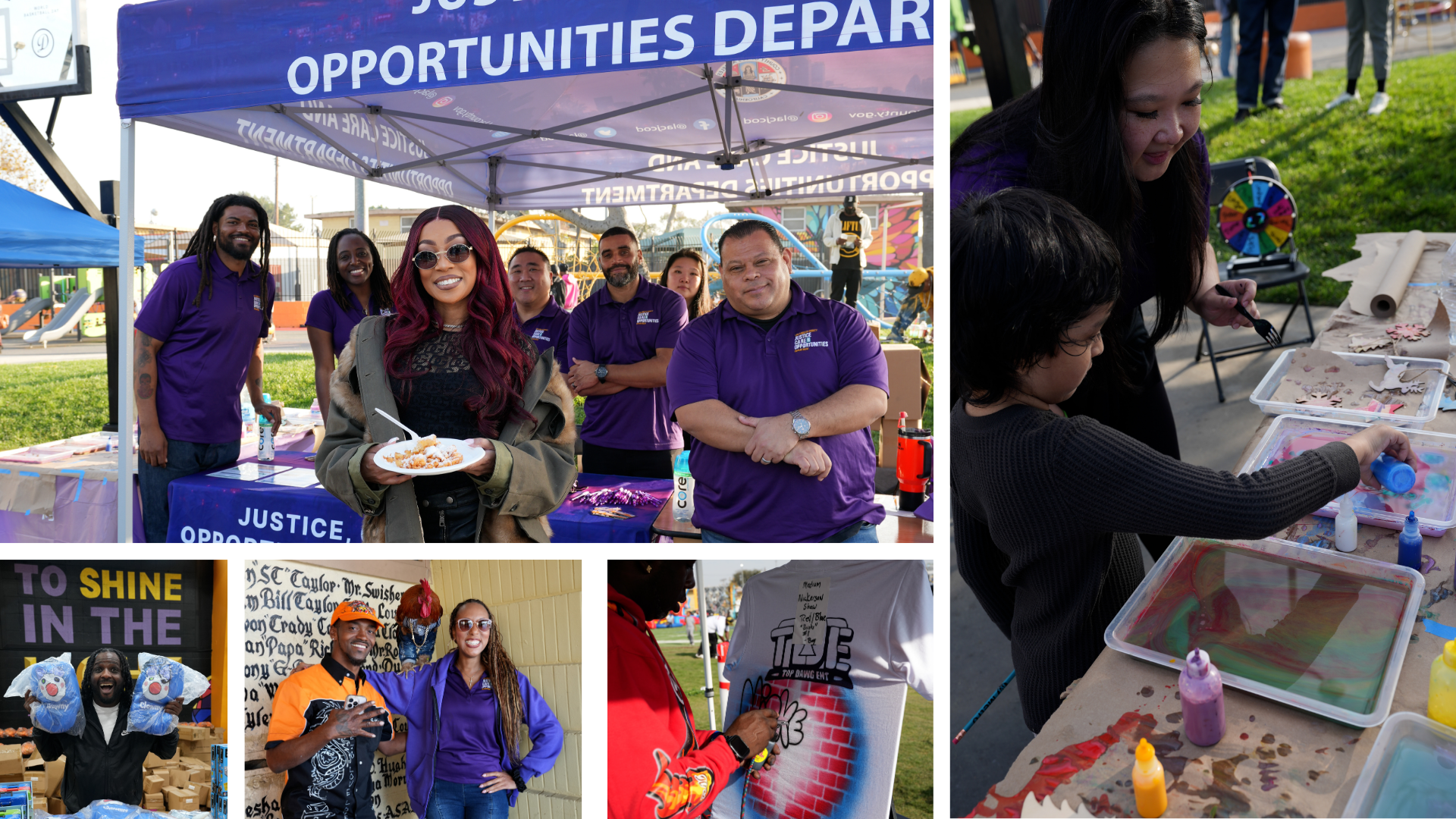 Diverse group at Justice Opportunities Department event with food and art activities.