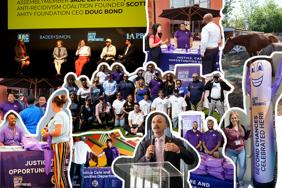 April 2026 Newsletter: Justice Care & Opportunities event with speakers and inflatable mascot.