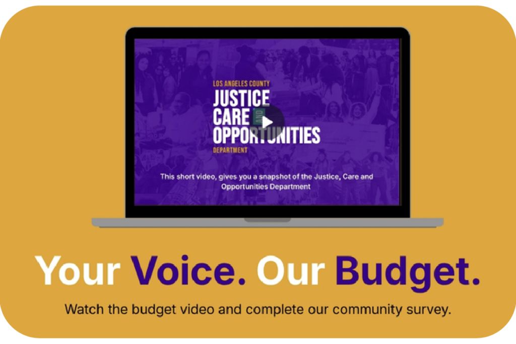 Los Angeles County Justice, Care and Opportunities Department budget video on laptop