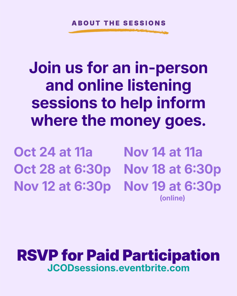 Join us for in-person and online listening sessions to inform where money goes. RSVP for paid participation.